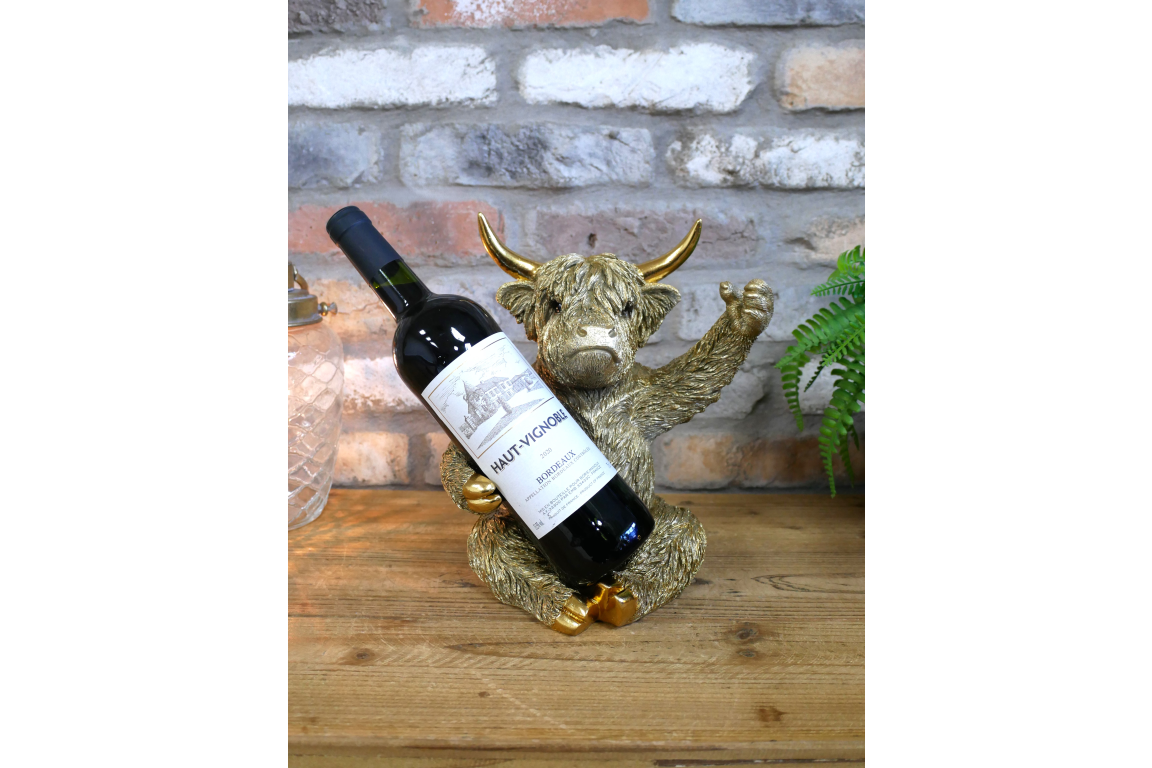 Highland Cow Wine & Glass Holder - Gold